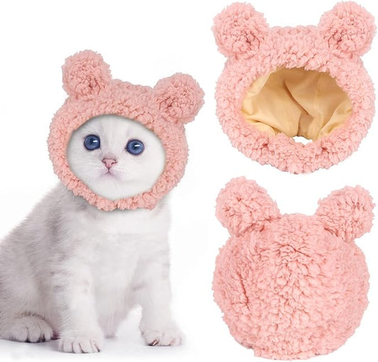 JOICEE Cute Cat Costume Warm Bear Hat for Cats Adjustable Soft Small Pet Headwear Bear Hat for Cat Puppy Dog (Pink)