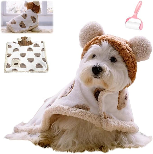 Furry Dog Cape Blanket,Soft Pet Cloak Blanket,Warm Cozy Pet Wraps with Hood Winter Nightgown,Cute Thicken Small Dog Cats Robe Clothes (Brown, Large)