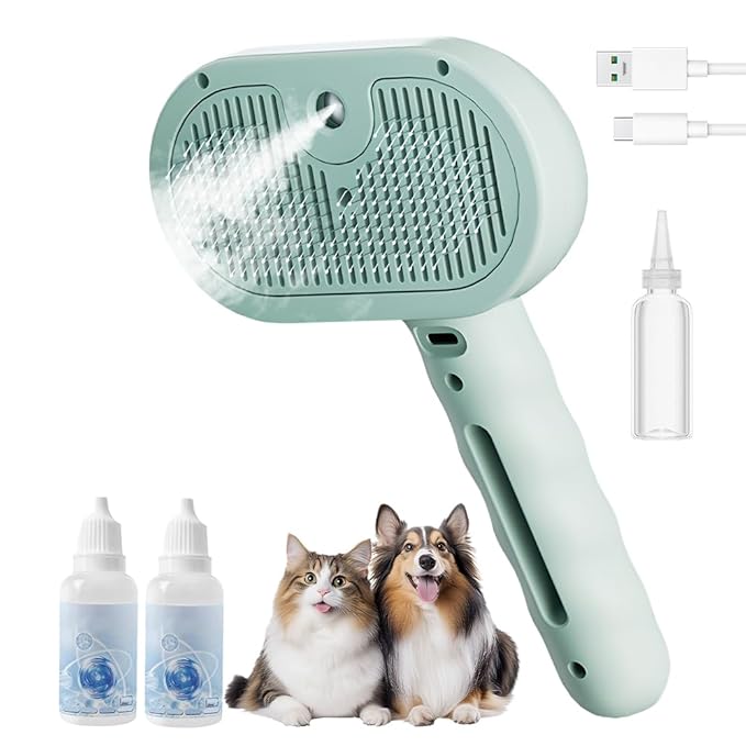 Pet Steam Brush for Dog Cat, 3 in 1 Pet Steam Groomer Comb for Indoor, Rechargeable Pets Spray Grooming Comb for Shedding Hair Removal, Mist Spray Combs for Long Short Haired Pets (Green)