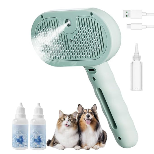 Pet Steam Brush for Dog Cat, 3 in 1 Pet Steam Groomer Comb for Indoor, Rechargeable Pets Spray Grooming Comb for Shedding Hair Removal, Mist Spray Combs for Long Short Haired Pets (Green)