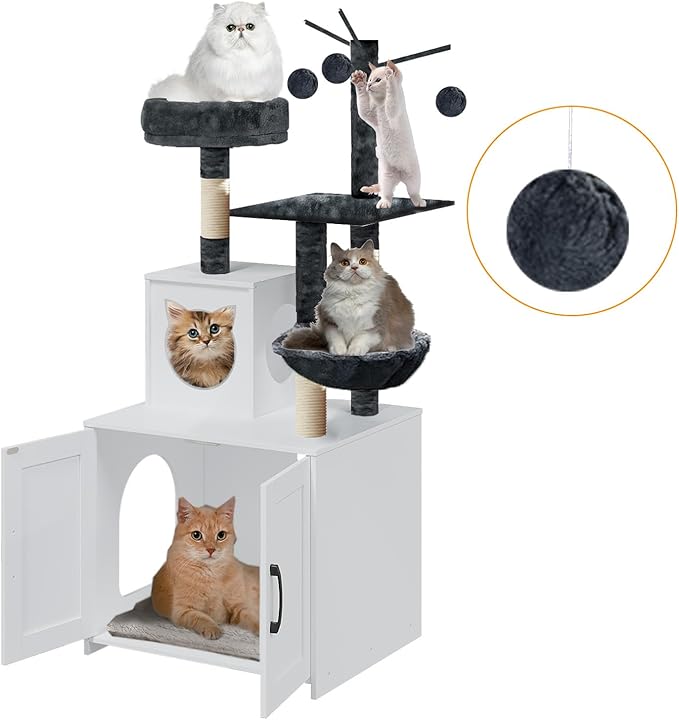 Cat Tree with Litter Box, Wood Litter Box Enclosure with Food Station, Modern Cat Tower for Indoor Large Cats with Large Platform,Cat Condo with Scratching Posts, Hammock, Caves, Basket,White