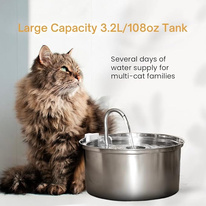 Stainless Steel Cat Water Fountain Automatic Drinking Fountain, Quiet Circulating Water Bowl, Dishwasher Safe, Indoor Pet Fountain for Hydrated Healthy Cats (Stainless Steel, 3.2L Corded)