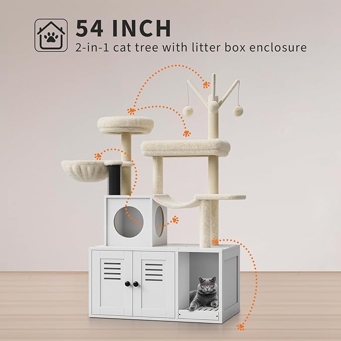 Litter Box Enclosure with Cat Tree Tower and Condo, Hidden Cat Washroom Furniture with Sisal Scratching Post & Soft Plush Perch, Wooden Cat Furniture with Multiple Platforms,White