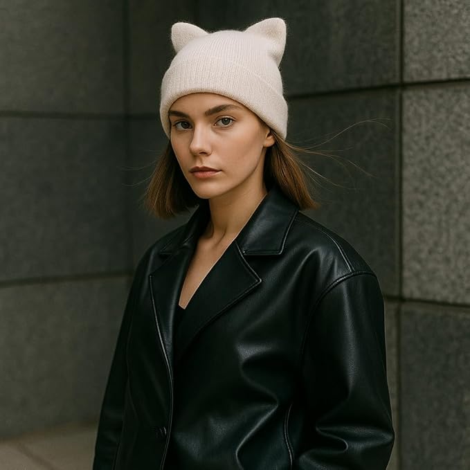 Cat Ear Beanie for Women Girls, Autumn Winter Knit Cuff Beanie Hip Hop Beanie Hat Cat Crochet Ski Cap