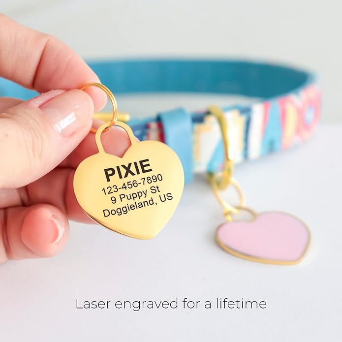 Custom Heart Shape Pet Tag ID, Personalized Gold Stainless Steel Cute Shiny Safety Lost Collar Tag for Boy & Girl Dogs Puppies Cats with Ring Laser Engraved SOS Customizable with Name, Phone, Address
