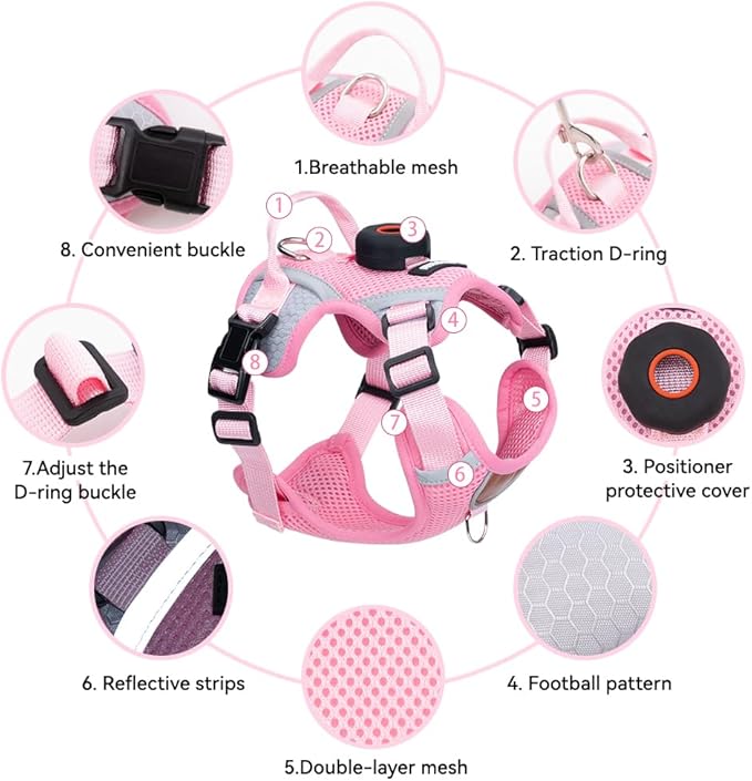 Cat Harness and Leash Set with AirTag Holder: Upgraded Escape Proof Vest with Lead for Small Dog Puppy Large Cat Walking，Soft Breathable Mesh Coat with Reflective Strip (Pink, S)