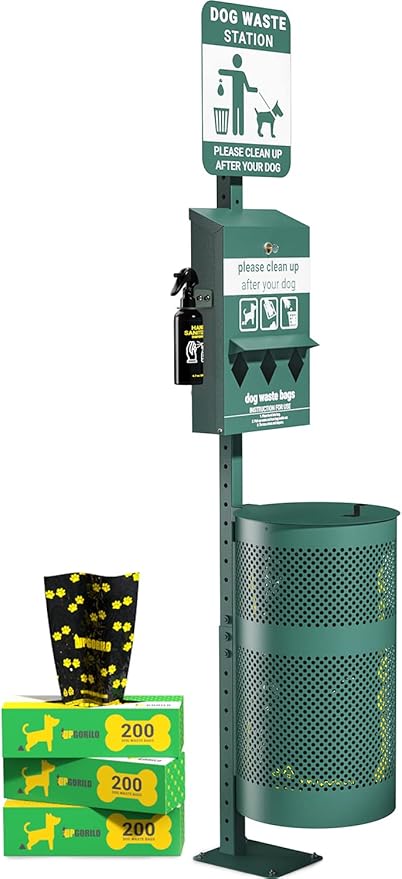 Pet Waste Station - Includes 600 Roll Bags & 50 Can Liners - Original Glow in the Dark Dog Waste Station with Dog Poop Sign, Bag Dispenser, Hand Sanitizer Bottle & Outdoor Trash Can with Lid