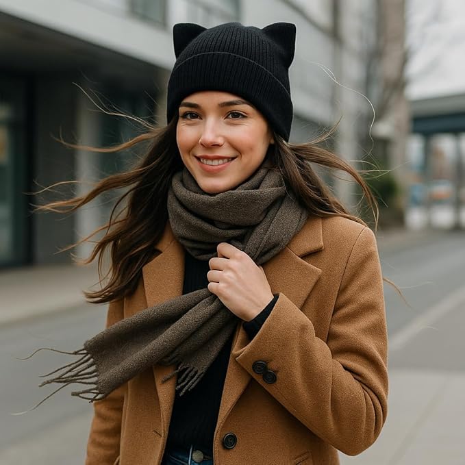 Cat Ear Beanie for Women Girls, Autumn Winter Knit Cuff Beanie Hip Hop Beanie Hat Cat Crochet Ski Cap