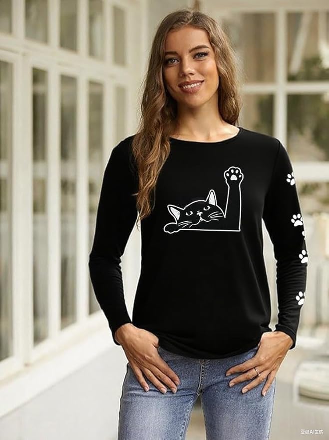 JINTING Cat Shirts for Women - Loose Fit Lightweight Long Sleeve Graphic Tee Fall Printed Crewneck Blouse Casual Tops