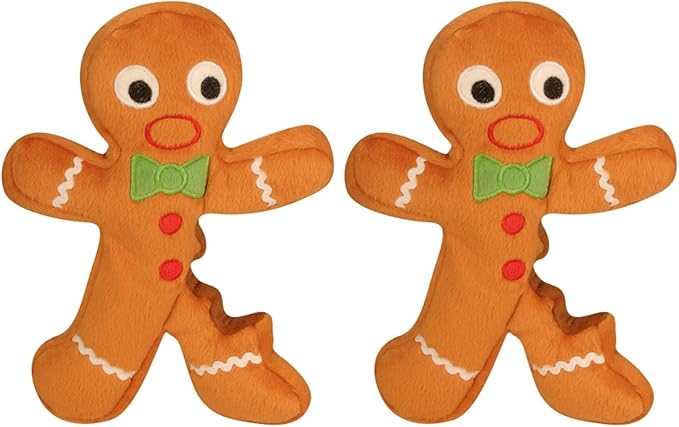 goDog Christmas Gingerbread Man Squeaky Plush Dog Toy, Chew Guard Technology - Brown, Small (Pack of 2)