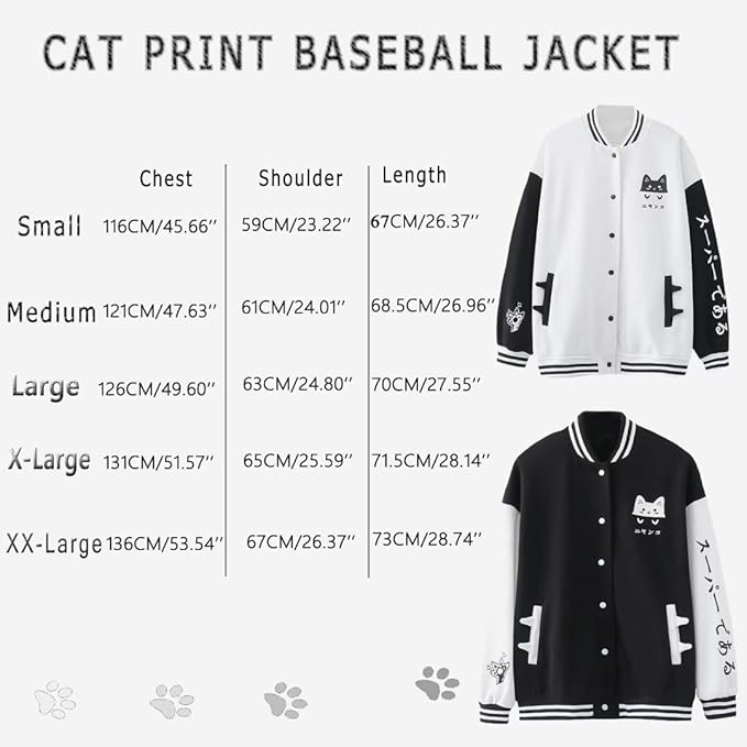 Cute Cat Baseball Jacket Hoodie Long Sleeve Casual Sweatshirt Oversized Kawaii Print Pullover Aesthetic Coat for Girl