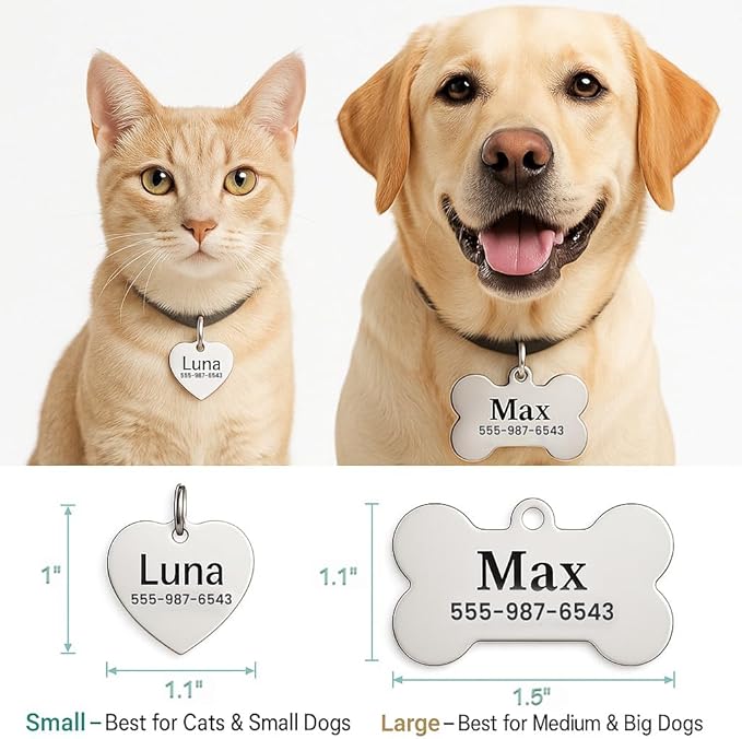 Dr. Fremont's Stainless Steel Custom Pet ID Personalized Engraved Identification Cat and Dog Tags with Custom Text, Many Shapes Including Bone, Heart, Circle (Classic Stainless Steel, Small Bone)