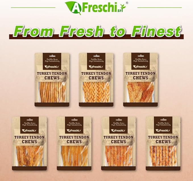 AFreschi Turkey Tendons for Dogs, USA-Sourced, Healthy Dog Treats, Rawhide-Free Puppy Chews, All Natural, Hypoallergenic Dog Treats, Classic Series, Turkey Tendon Wrapped Chicken Stick, 3.5 oz Pack