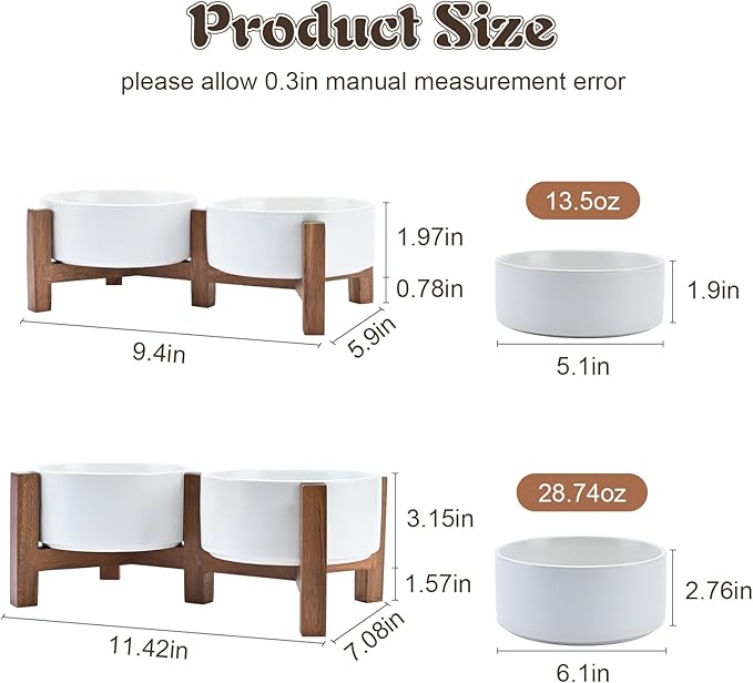 SPUNKYJUNKY Acacia Wood Stand Dog Bowl Set Raised, Ceramic Dog Food & Water Bowl for Medium Dogs (28.74 OZ, White)