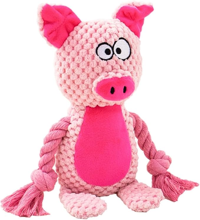 Cotton Rope Squeaky Dog Toy with Crinkle Paper – Interactive Plush Chew Toy for Small & Medium Puppies, Pig Design