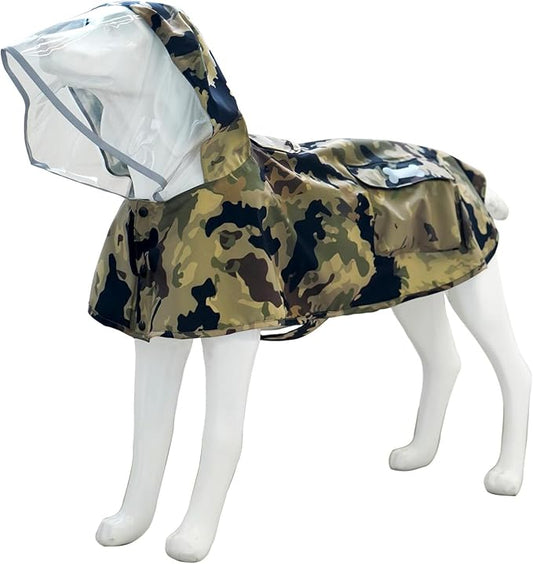 Waterproof Dog Raincoat, Adjustable Reflective Lightweight Pet Rain Clothes with Poncho Hood(Large,Camo)