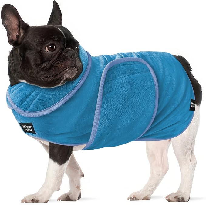 Tuff Pupper Fast Drying Dog Bath Robe | 800 GSM Plush Dog Towel Bathrobe/Dressing Gown | Super Absorbent Pet/Puppy Bathrobe | Adjustable Hood & Belly Strap | Super Soft | Fast Drying (S, Blue)