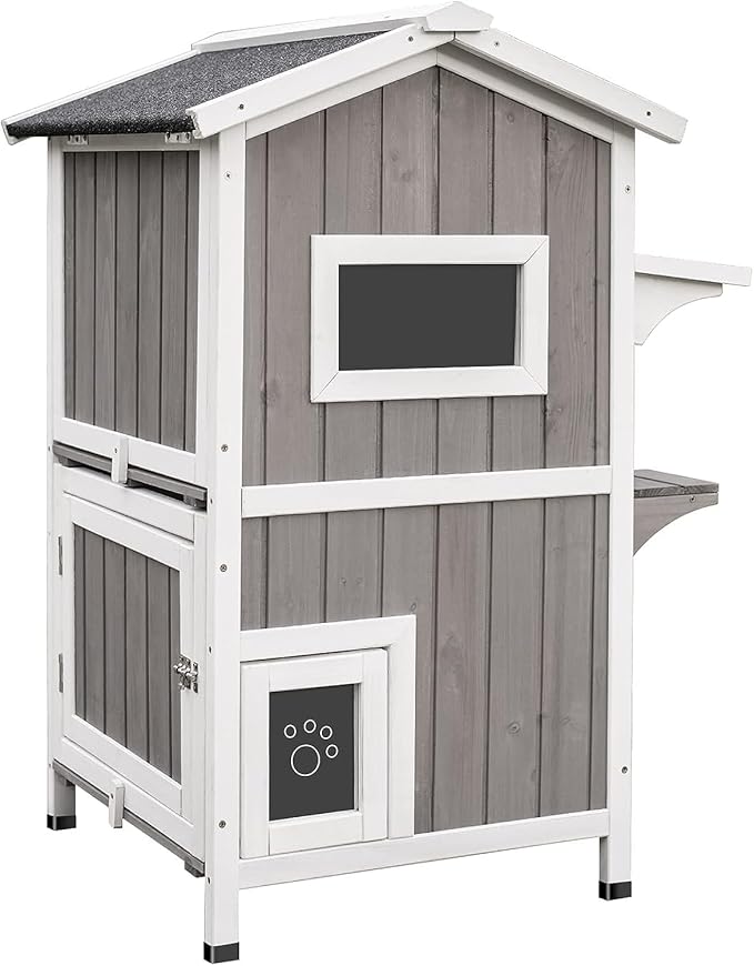 PetsCosset Outdoor Cat Shelter Weatherproof, Two Story Wooden Outside Feral Cat House with Openable Roof, Escape Door