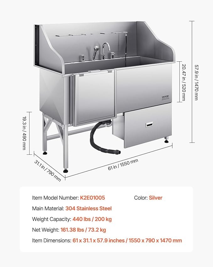 VEVOR Professional 304 Stainless Steel Dog Bathing Station, 61 inch Pet Grooming Tub w/Anti-Slip ramp, Storage Drawer, Cold Hot Faucet Showerhead, for Large & Medium & Small (Left Door, with Drawer)