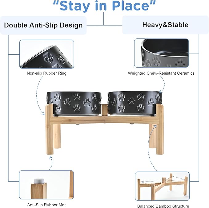 SPUNKYJUNKY Elevated Dog Bowls Ceramic, 7.3'' Dogs Food Water Bowls Raised with Non-Slip Bamboo Stand for Medium to Large Sized Breed Microwave Dishwasher Safe - 42 OZ,Paw Black