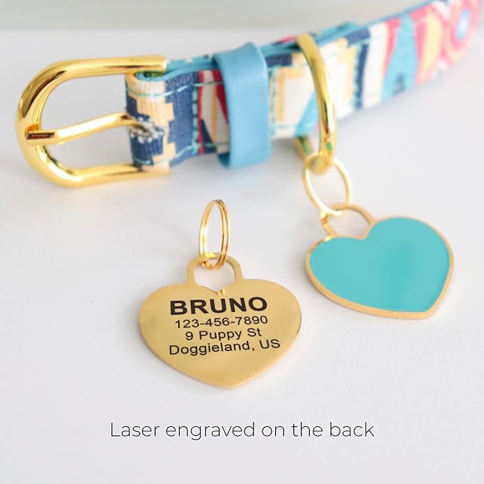 Custom Heart Shape Pet Tag ID, Personalized Gold Stainless Steel Cute Shiny Safety Lost Collar Tag for Boy & Girl Dogs Puppies Cats with Ring Laser Engraved SOS Customizable with Name, Phone, Address