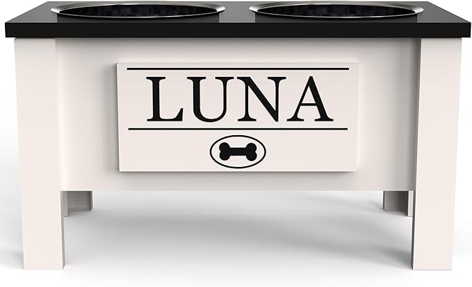 GrooveThis Woodshop - Personalized Elevated Dog Bowl Stand for Large, Medium, Small, X-Small Dogs - Stainless Steel Food and Water Bowls - Raised Dog Dish with Internal Storage (Large, Black)