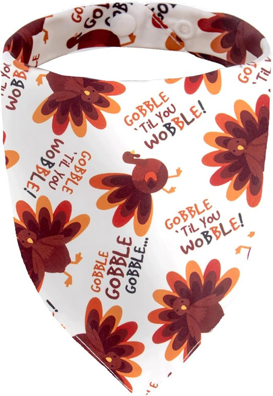 Dog Fall Bandanas Theme - Gobble Till You Wobble - Cute Turkey Printed Thanksgiving Holiday Pet Triangle Scarf with Snap Button, Extra Large Breed, 75lbs+