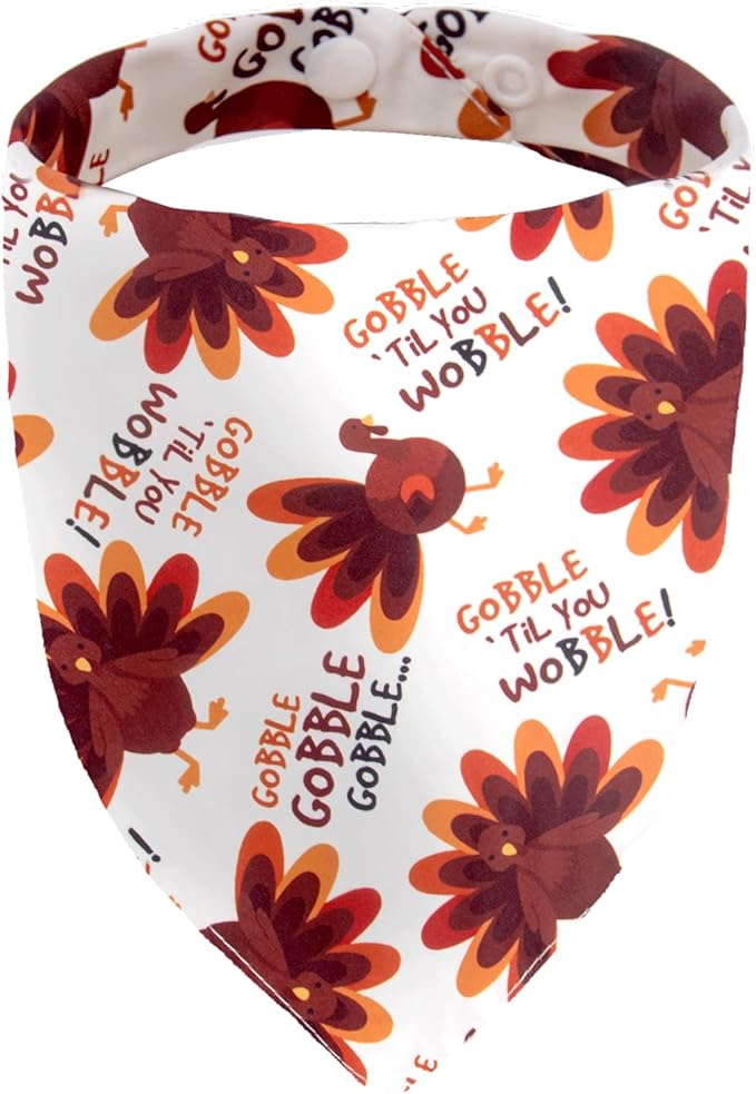 Dog Fall Bandanas Theme - Gobble Till You Wobble - Cute Turkey Printed Thanksgiving Holiday Pet Triangle Scarf with Snap Button, Medium and Large Breed, 30-75lbs