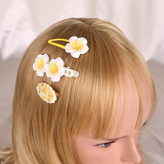Hair Clips for Women, Acrylic Resin Hair Accessories set with Hairbands Colored Hair Ties, Flower, Rainbow, Little Bear Clips Cute pattern for Birthday Prom Cosplay Party (yellow Pearl Frangipani)