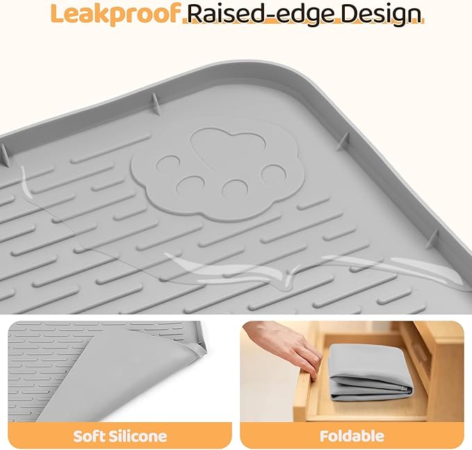 Dog Food Mat, Extra Large 34" x 22" Silicone Pet Feeding Mat with Raised Edge Pet Placemat for Small, Medium, and Large Pets Non-Slip, Easy to Clean (Light Grey)