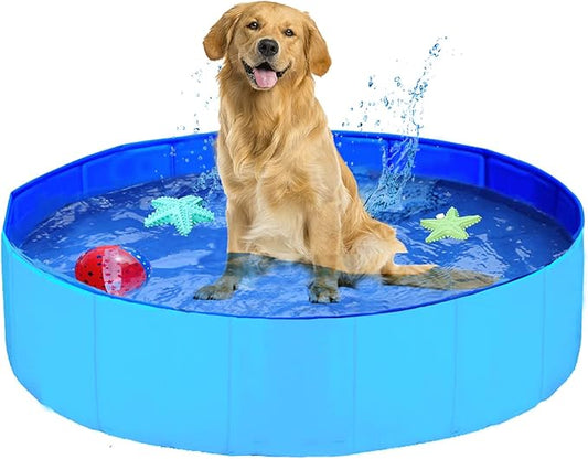 Foldable Pet Dog Kids Swimming Pool(32'' x 8''),Plastic Anti-Slip PVC Bathing Tub Swimming Pool Durable Fiberboard Kiddie Pool Blue