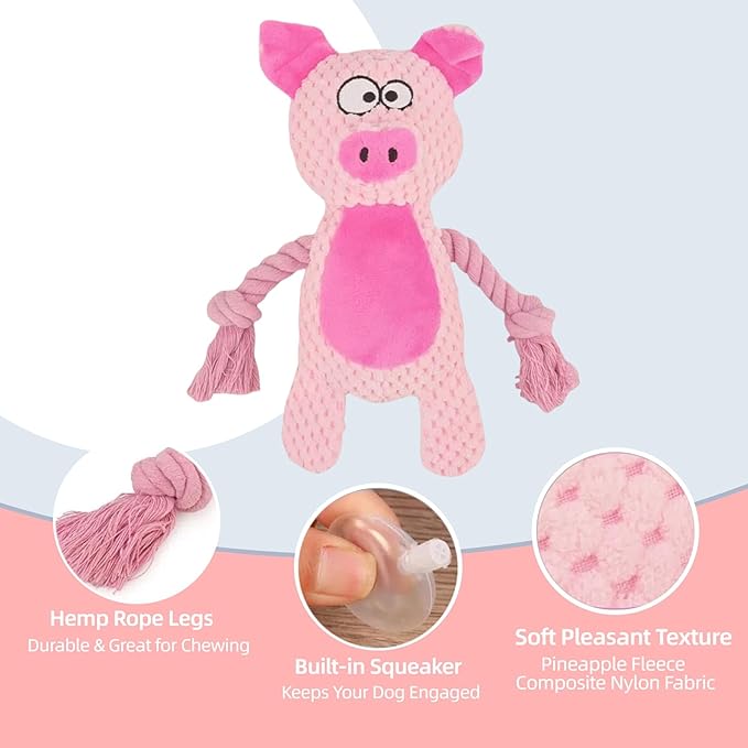 Cotton Rope Squeaky Dog Toy with Crinkle Paper – Interactive Plush Chew Toy for Small & Medium Puppies, Pig Design