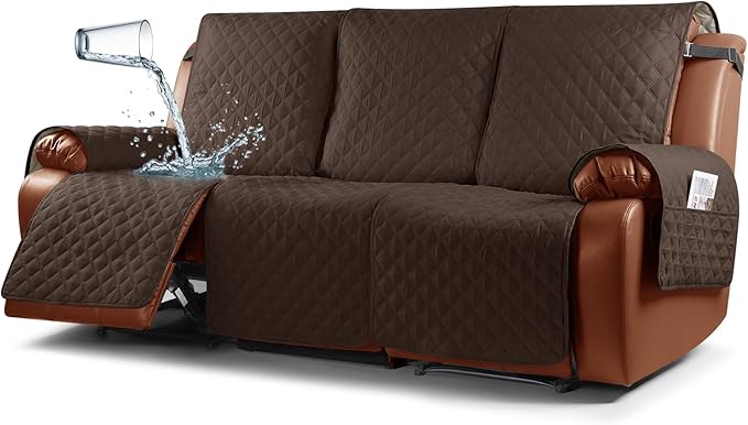 Ruaozz Waterproof Recliner Sofa Cover 1-Piece Couch Covers for Reclining Couches Reclining Sofa Cover Washable Furniture Protector with Elastic Straps Pocket for Kids, Pets (Dark Brown, 3 Seater)