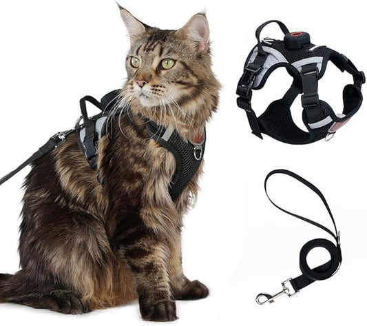 Cat Harness Leash Set with AirTag Holder, Upgraded Escape Proof Vest with Lead for Cat Kitten Small Dog Puppy Outdoor Walking, Soft Breathable Mesh Jacket with Reflective Strip (Black, M)