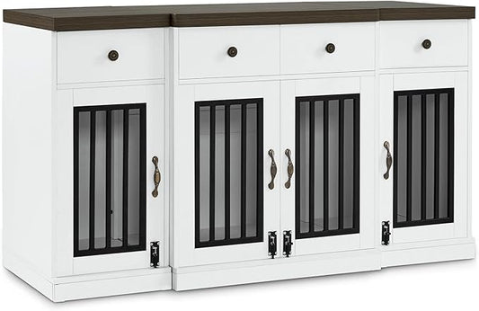 MCombo Wooden Dog Crate Furniture with 4 Drawers and 4 Lockable Doors, Pet Kennel TV Stand for Medium/Large Dogs 1872 (White and Brown)