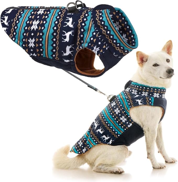 Gooby Zip Up Fleece Dog Sweater - Deer Blue, Large - Warm Pullover Fleece Step-in Jacket with Dual D Ring Leash - Winter Small Dog Sweater