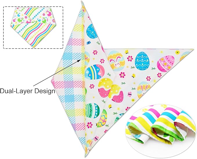 Easter Dog Bandanas for Large Dogs,Reversible 2-Pack Spring Scarves,Holiday Outfits with Colorful Egg and Bunny Designs,Pet Costume Accessories for Boys and Girls (Large)