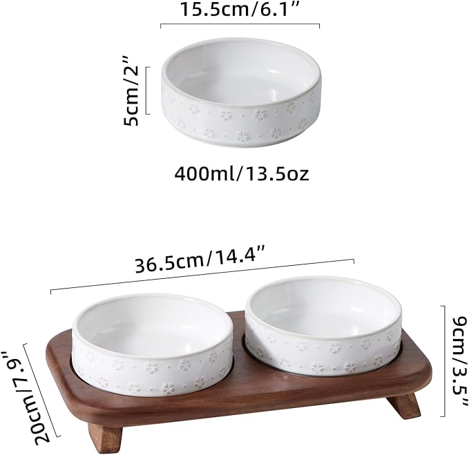 6.1inch Raised Double Cat Bowls Set with Acacia Wood Stand, Wide Whisker Friendly Ceramic Food & Water Bowls for Cats, Puppy, Kitty, Pet Bowl(Double Bowls+Stand, Arctic White)