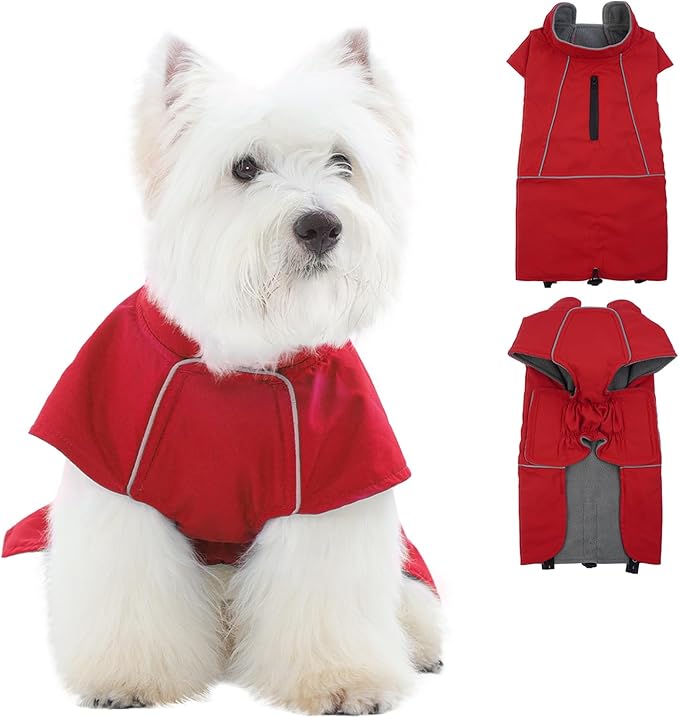 ROZKITCH Dog Raincoat Jacket, Waterproof Sweater with Fleece Liner and Leash Hole Reflective Strip for Small Medium Dog, Adjustable Windproof Poncho Vest for Outdoor Hiking Travel Red M