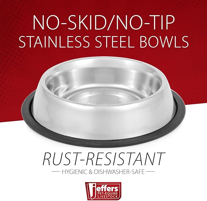 Jeffers No Skid No Tip Stainless Steel Pet Bowls for Dogs & Cats - Non-Slip Food & Water Feeder Dish with Black Rubber Base, Durable Easy to Clean Feeding Bowl for Indoor & Outdoor Use - 1 Pint
