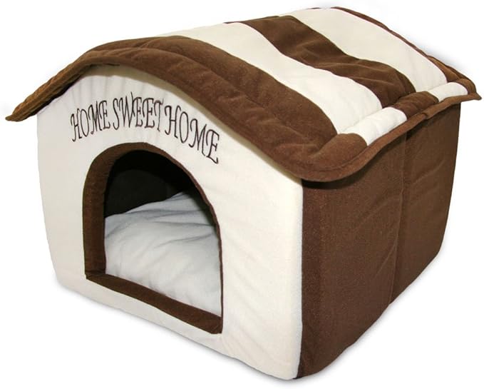 Best Pet Supplies Dog House Bed Crate Mat Tent Indoor Round Soft Plush for Small, Medium, and Large Breeds - Beige w/Brown Stripes, 16 x 16 x 14"