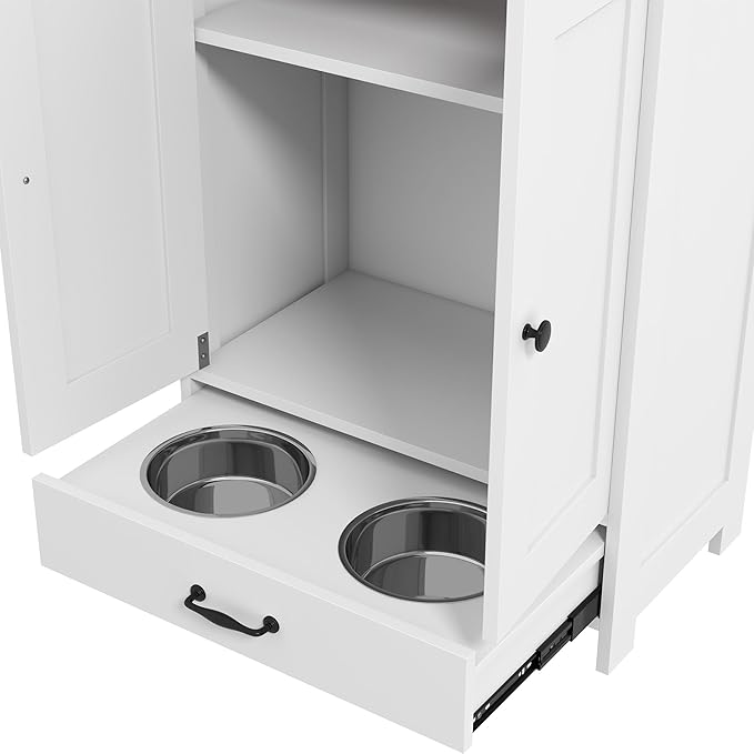 PawHut Pet Feeding Station, Elevated Dog Bowls, Dog Food Storage Cabinet with Hidden Bowls, Adjustable Panel, Hooks for Medium Sized Breed, White