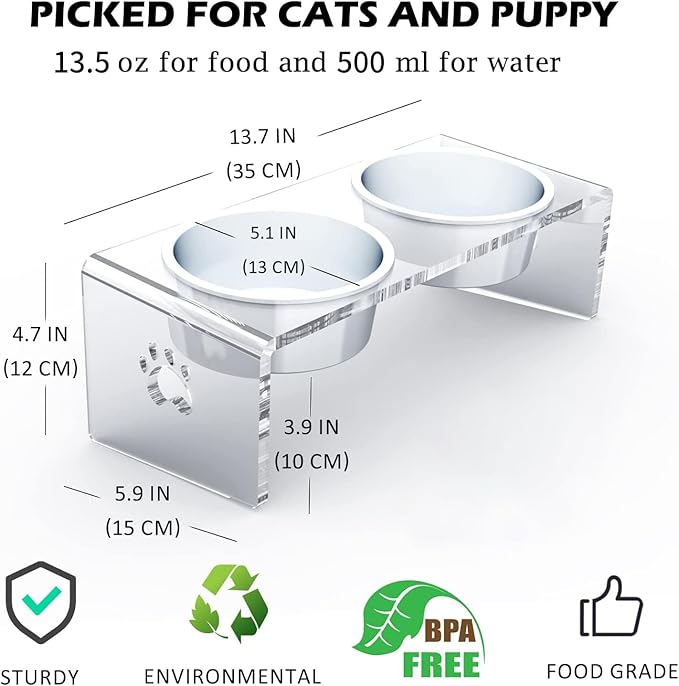 Raised Cat & Dog Bowl, Elevated Pet Feeding Station with 15 Tilted Neck Protective Acrylic Stand, Double Stainless Steel Bowls, for Small, Medium, Large Cats & Dogs