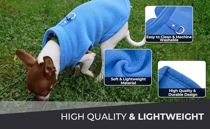 JACKO & CO - Fleece Vest Dog Sweater with Leash Ring - Soft, Warm & Lightweight Pullover Coat for Small & Medium Dogs, Puppies & Cats - Cozy Fall/Winter/Spring Pet Jacket (Blue, Medium 6-10lbs)