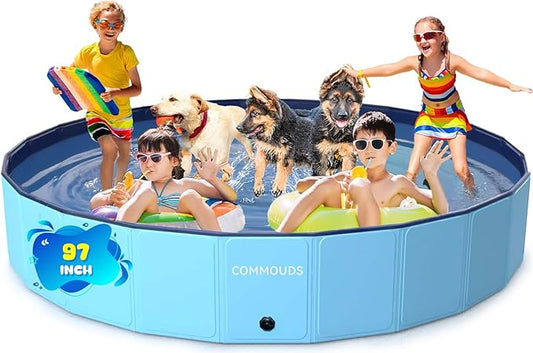 COMMOUDS 97Inch Extra Large Foldable Dog Pool, Collapsible Hard Plastic Dog Kiddie Swimming Pool, Portable Pet Bath Tub Wading Pools for Kids and Puppy Small Medium Large Dogs