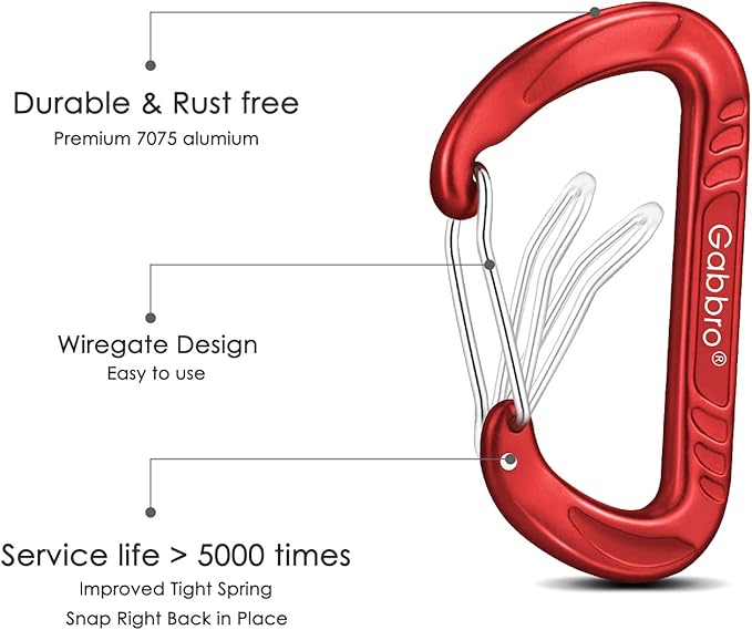 Gabbro Carabiner Clips Heavy Duty, | Wiregate Snap, Screw Locking, Aluminum, Lightweight Caribeener | for Hammock, Hiking, Camping, Water Bottle, Dog Leash Harness, Keychains