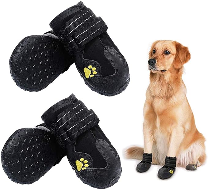 Waterproof Dog Boots, Dog Outdoor Shoes for Medium to Large Dogs with Two Reflective Fastening Straps and Rugged Anti-Slip Sole (3.15" x 2.95",Black 4PCS).