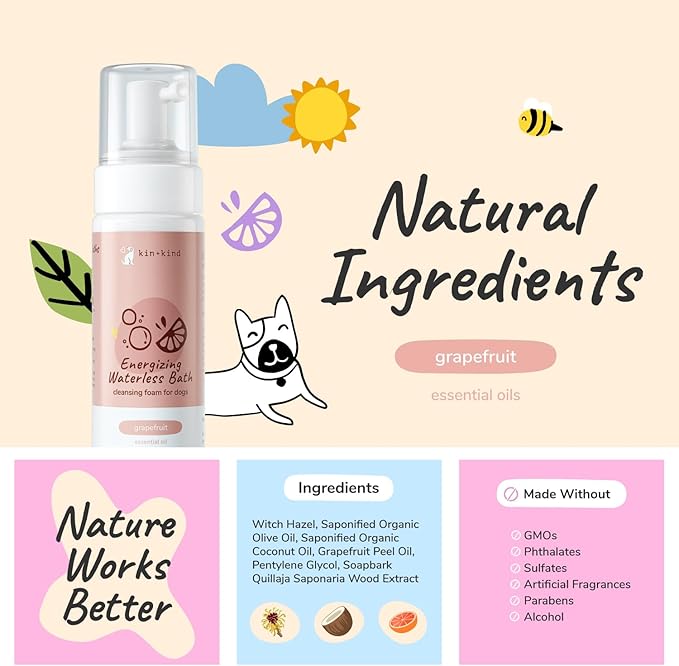 kin+kind Waterless Dry Shampoo for Dogs - Rinse-Free, Eliminate Itch and Odor, Natural Formula with Witch Hazel, Coconut Oil, Olive Oil and Grapefruit - Made in USA