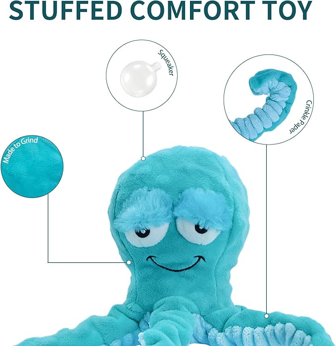 Squeaky Dog Toys - Interactive Plush Toys for Medium Dogs- Blue Octopus Toys for Tug of War