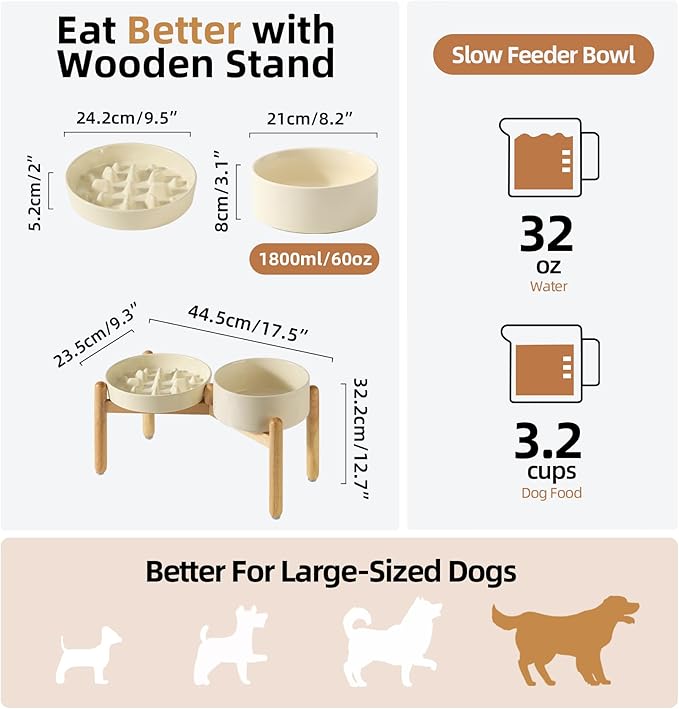 Ceramic Raised Slow Feeder Dog Bowl Set, Elevated 8.2inch Bowl and 9.5inch Slow Pet Food Dish with Wooden Stand for Large Dog (2 x Beige+ Stand)